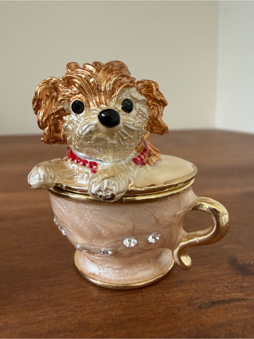 Gold and Cream Puppy on a Teacup Jewelry Trinket Box with Rhinestones Accents - Picture 7 of 12